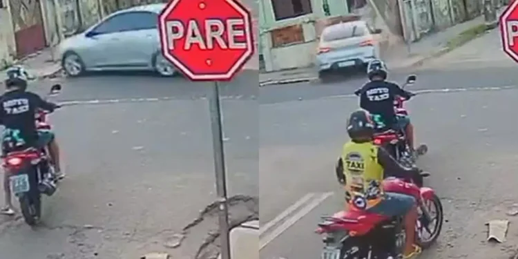 fonteA imagem mostra o carro (à esquerda) indo em direção ao muro da residência e (à direita) o automóvel logo após ter demolido parte do muro. (Foto: Reprodução | Redes sociais)